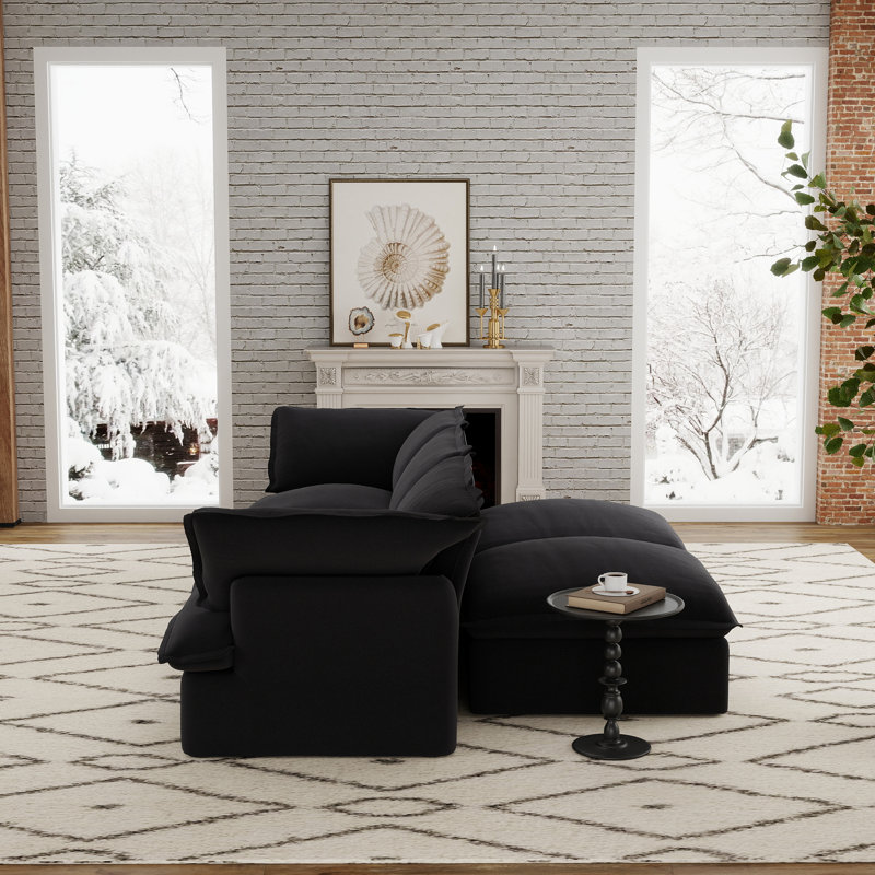 5-Piece Upholstered Modern Linen Fabric Sectional With Storage Ottoman, Black