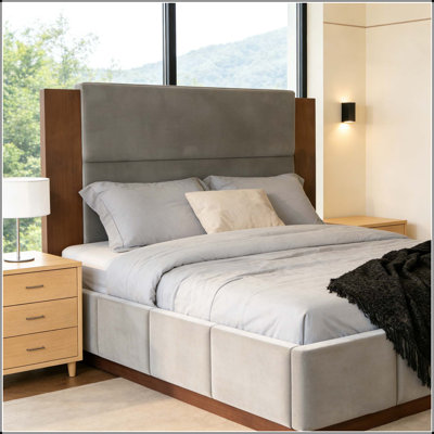 Structure de lit plateforme tapissier avec tête de lit en bois allongée, lit moderne avec base en bois