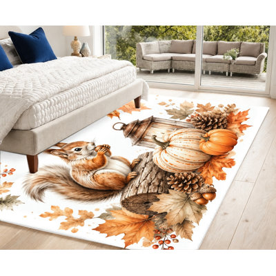 Autumn Squirrel Pumpkin Lantern Maple Leaf Print Area Rug, Watercolor Style Accents, Velvet Surface, Non‑Slip Floor Carpet, Machine Washable, Indoor Home Decor for Living Room, Bedroom, Kitchen, Balcony, Apartment