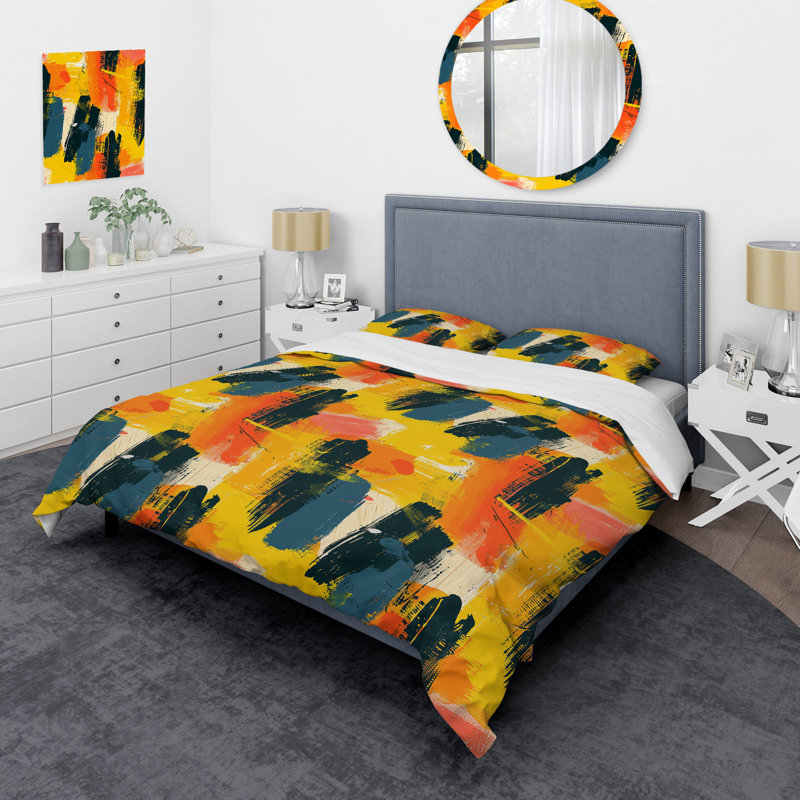 Yellow Brush Strokes - Ensemble de housse de couette moderne, Housse de couette pour grand lit et 2 taies décor