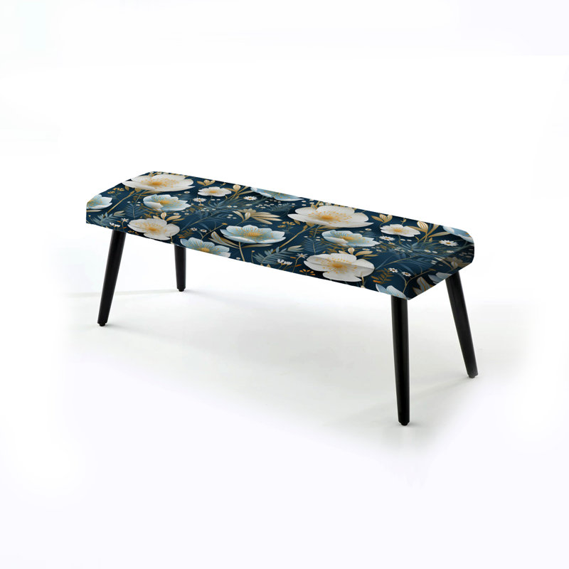Motif de faune renoncule blanche et bleue - Banc noir rembourré floral