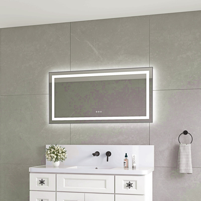 Miroir de salle de bain 48 "x 24" à DEL avec façade et rétroéclairage, miroir de meuble-lavabo mural avec cadre en aluminium, anti-buée, mémoire, 3 couleurs, réglable en continu