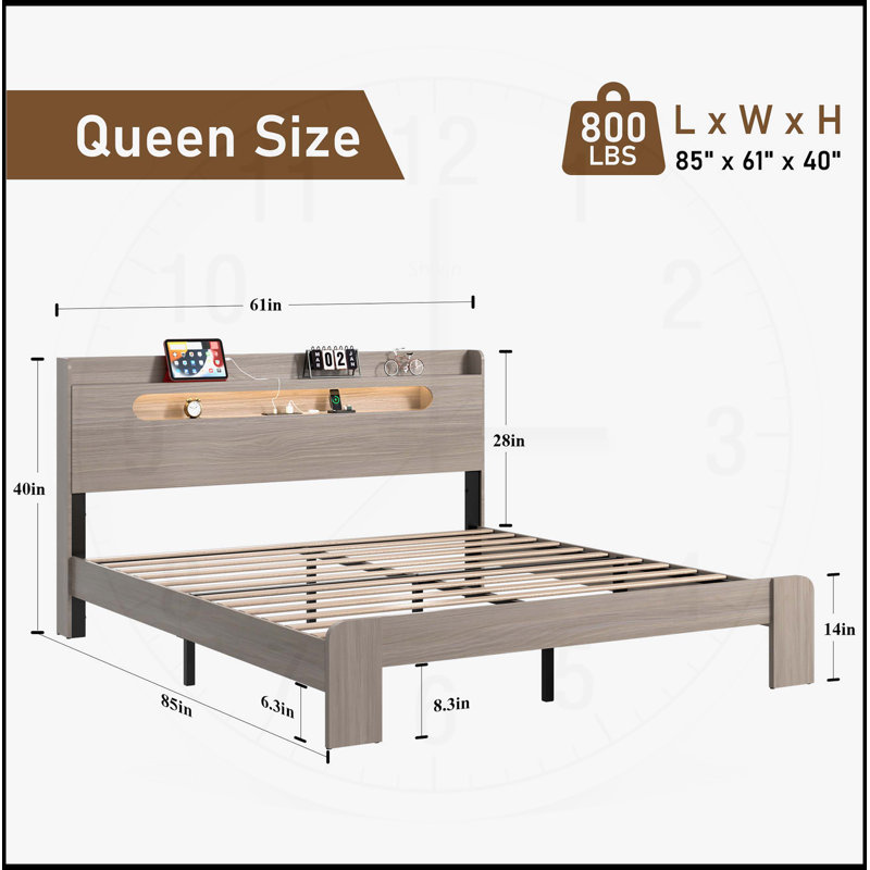 Structure de lit plateforme en bois avec rangement pour grand lit, tête de lit à DEL, ports USB, aucun sommier requis, assemblage facile, gris foncé