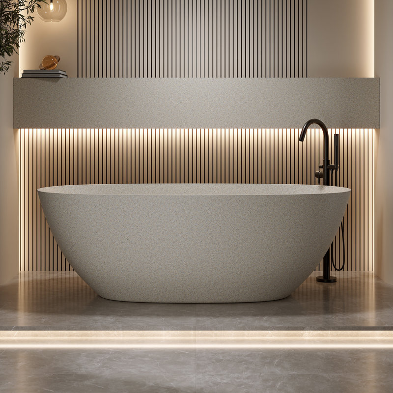 Baignoire de trempage autoportante ovale 69 po en résine solide blanc mat moderne avec trop-plein et bonde escamotable