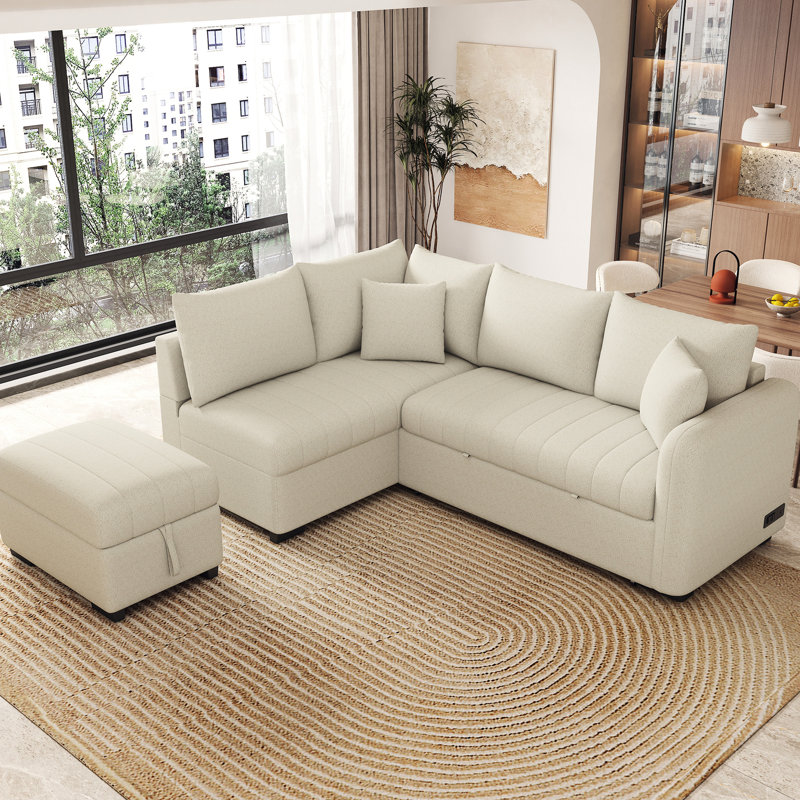 Lit escamotable beige avec prises de courant, rangement et coussins amovibles
