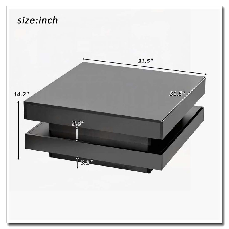 High Gloss Minimalist Design with LED Lights, 2-Tier Square Coffee Table, Centre Table for Living Room, Black