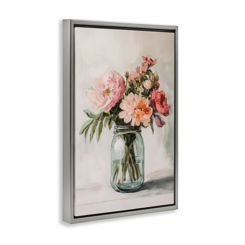 Tiges de fleurs roses dans un cadre flottant en pot, design par Petal Prints Design, 31 x 21, Lustre Grey Floater Framed