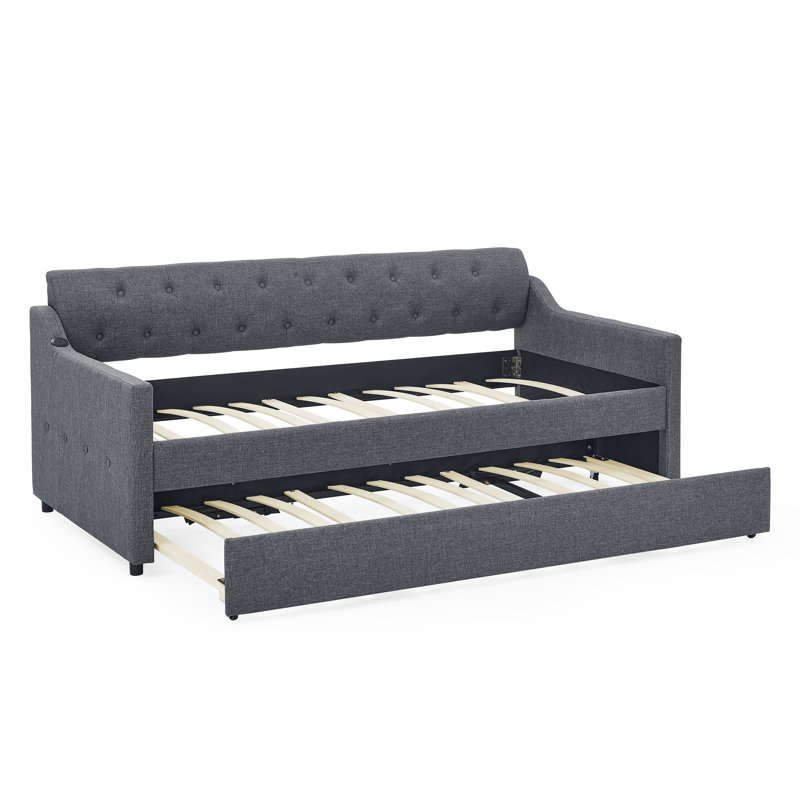 Upholstery Daybed With  Erectable Trundle And USB Charging Design, Dark Gray