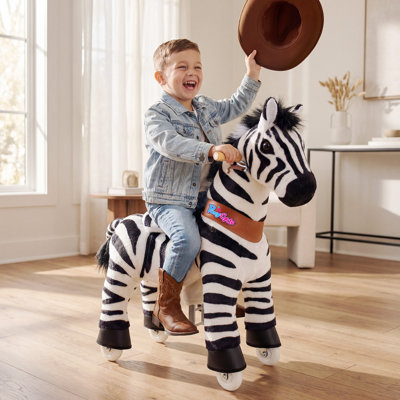 PonyCycle Ride on Zebra for Kids, Mechanical Plush Walking Horse Toy with Hand Brake, No Batteries, Indoor Outdoor, Ages 3-4 and 4-7