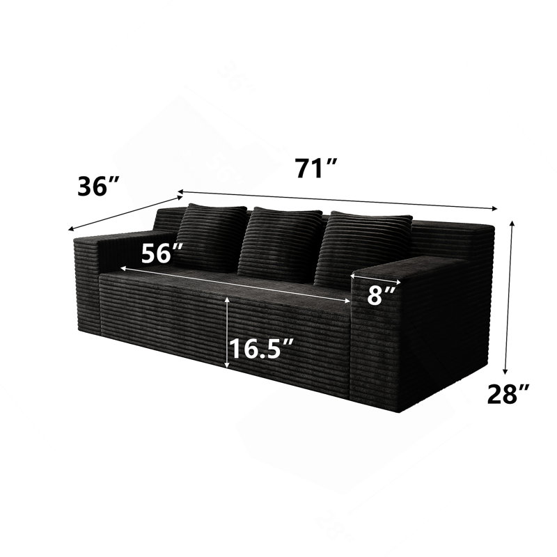 Ensemble de canapé modulaire en velours côtelé de 71 pouces avec sièges profonds, aucun assemblage requis pour le salon ou la chambre à coucher