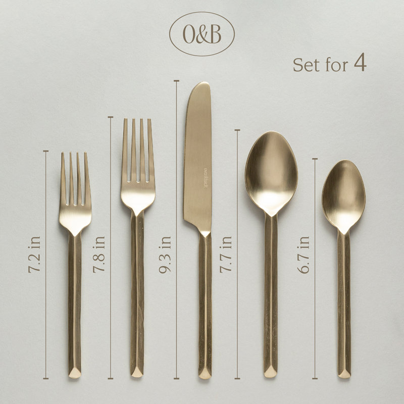 over&back Hand-Forged 18/8 Flatware Set - Service for 4, Brushed Gold