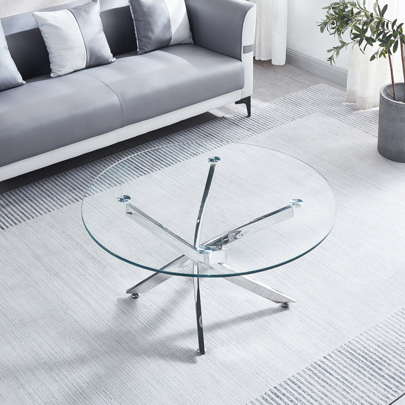 Table basse ronde moderne en verre trempé avec pieds chromés
