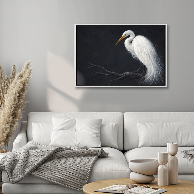 Reproduction d'art encadrée, héron blanc sur une branche sur fond sombre, H 24 po x l 36 po, Blanc