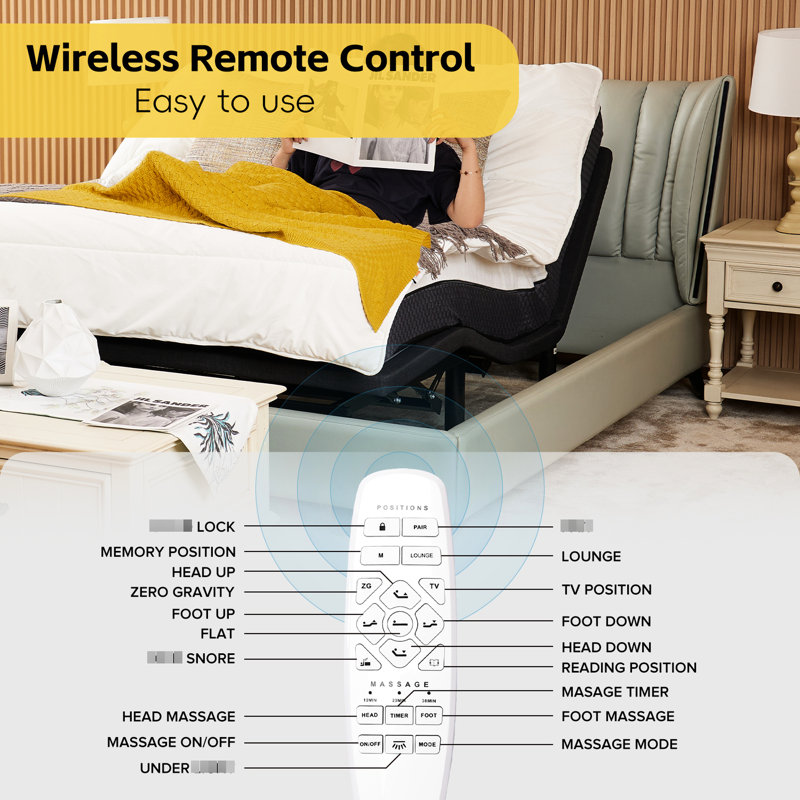 Grand lit ergonomique avec positions réglables - gravité zéro, inclinaison de la tête, télécommande personnalisable, massage, taille de veilleuse pour une base de gravité nocturne tranquille, et inclinaison du pied, veilleuse,