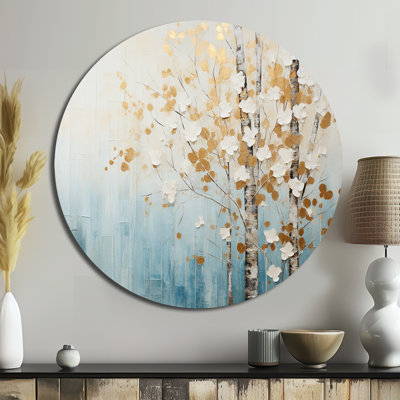 Minimalism Blue And Gold Forest I - Landscapes Round Metal Wall Art