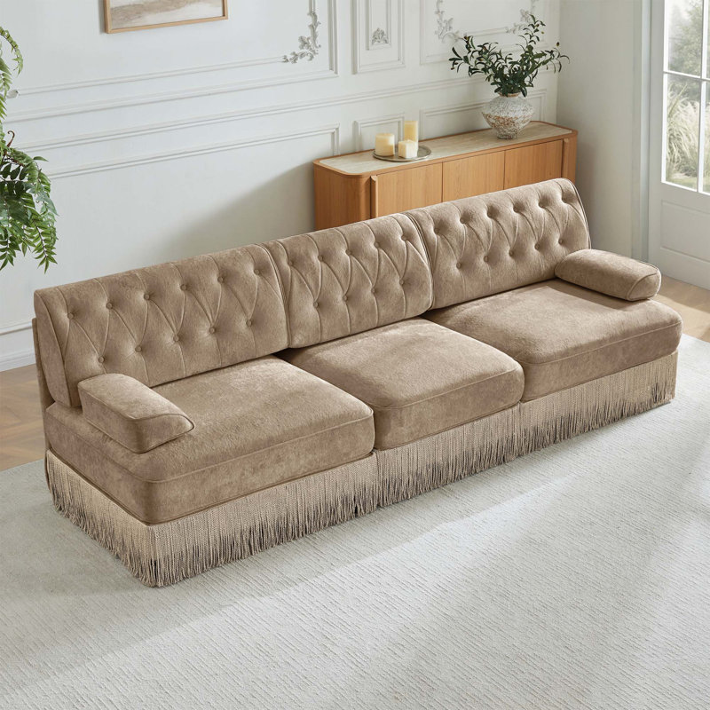 Canapé Chesterfield modulaire avec jupe à pampilles et capitonnage à boutons, Chameau