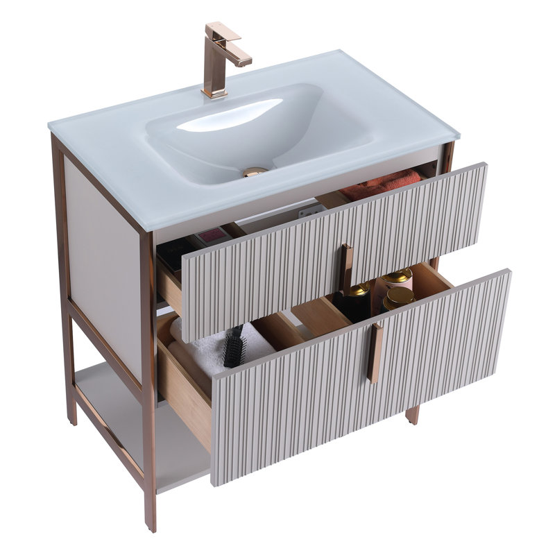  Meuble-lavabo moderne avec plateau en verre blanc Serenity, Taupe vif / or rose, 30"