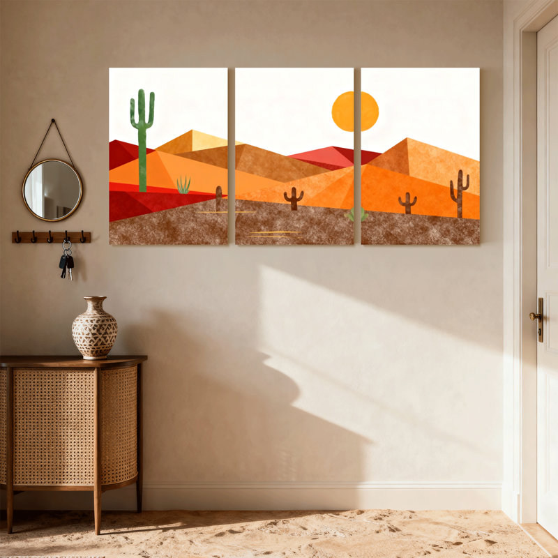 «Cactus Desert Landscape with Cactus and Sun», ensemble de 3 impressions sur toile, H 24 po x l 48 po