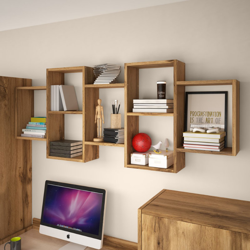 Wallaston 7 Piece Cube Shelf with Hooks, Wotan oak