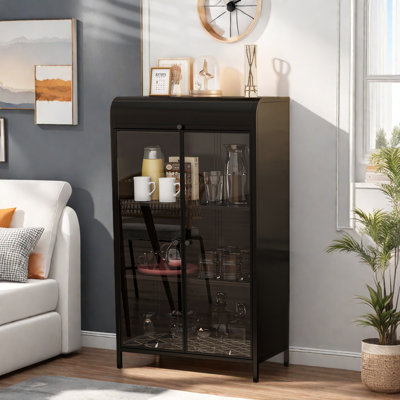Grande armoire en métal avec portes en verre et plateau rabattable, conception à 4 niveaux, structure en acier durable et plateau arqué