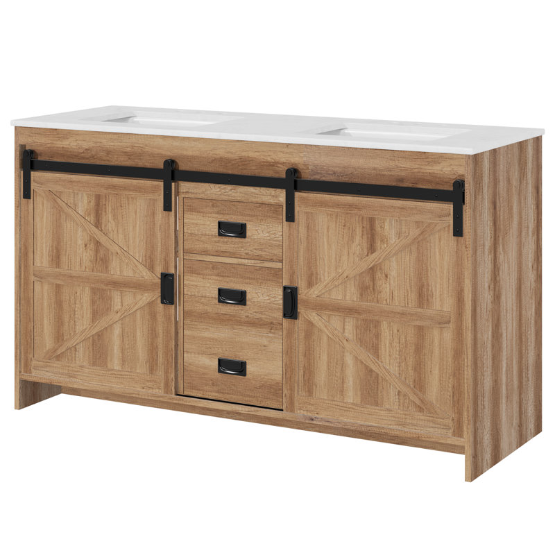  60" Farmhouse Double Bathroom Vanity With Engineered Stone Top, Sliding Barn Door Sink Vanity