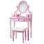 Coiffeuse rose avec 3 tiroirs - Miroir ovale réglable, tabouret en bois inclus, rangement de bureau contemporain, tiroir, bois