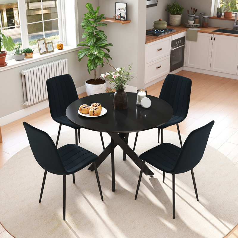 36in Round Dining Table Sets with Velvet Dining Chairs, 5, Black, Black