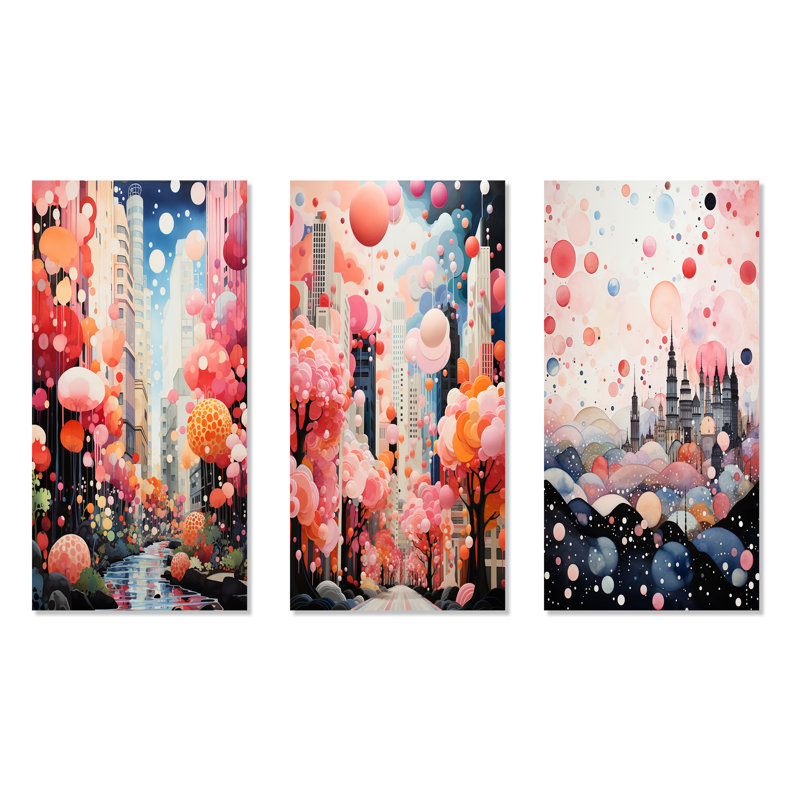 Bubble Gum Cityscape Horizon I - City Art Deco Canvas Prints Set Of 3, 40" H x 60" W, Wrapped Canvas