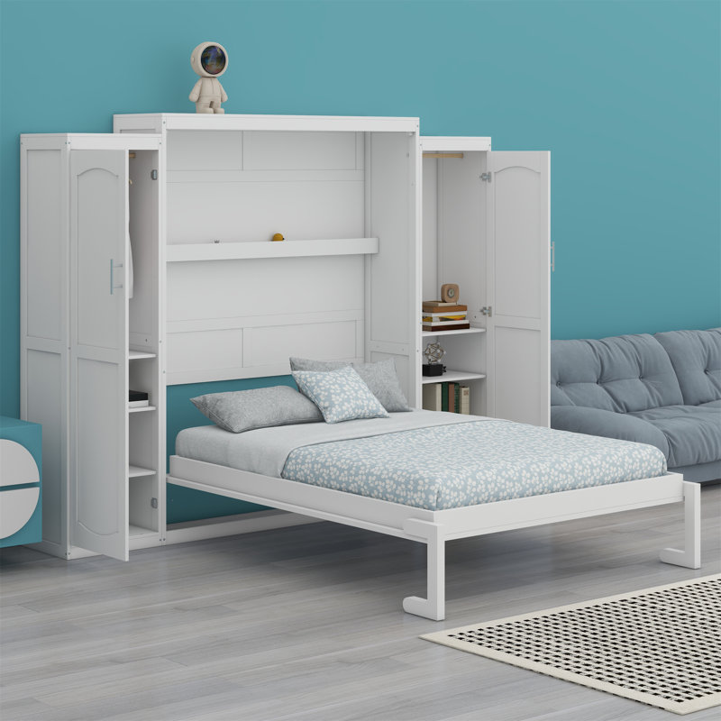 Murphy Bed With Two Wardrobe And Storage Shelf, Queen