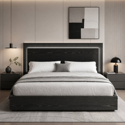 Platform Bed Frame with Headboard and LED Light, Wood Slat Support,King