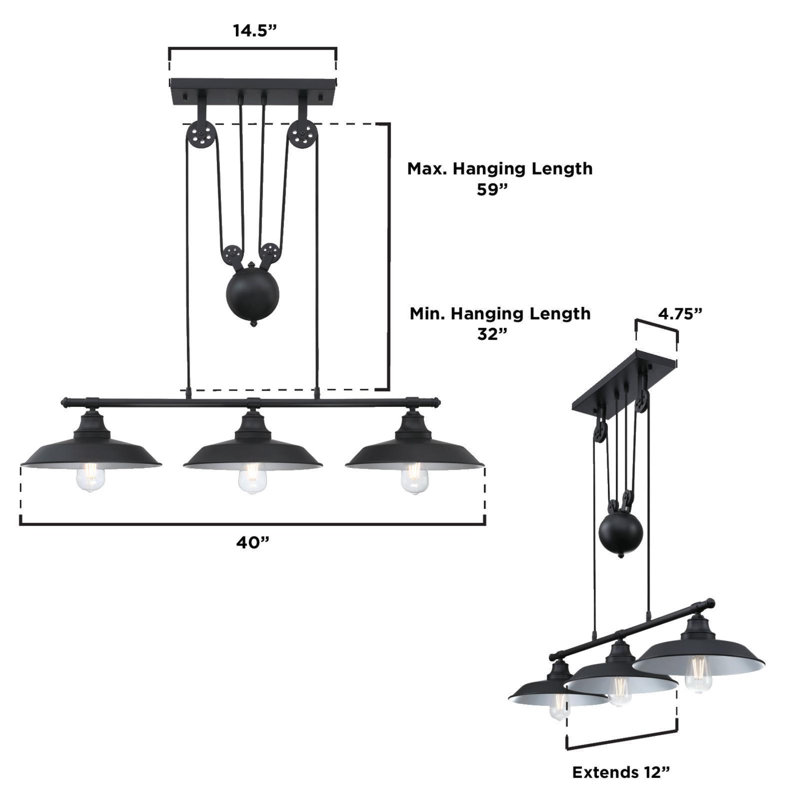 Matte Black Industrial 3-Light Pulley Pendant