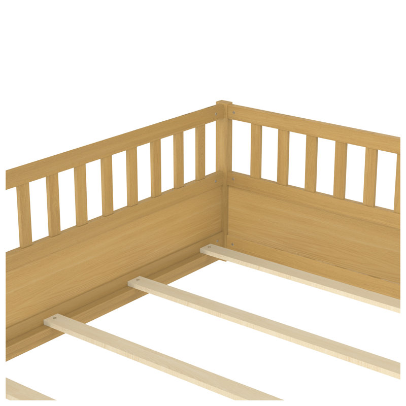 Structure de lit Montessori avec garde-corps et porte haute sécurité, lit double en bois de pin massif, Lit double, Brun