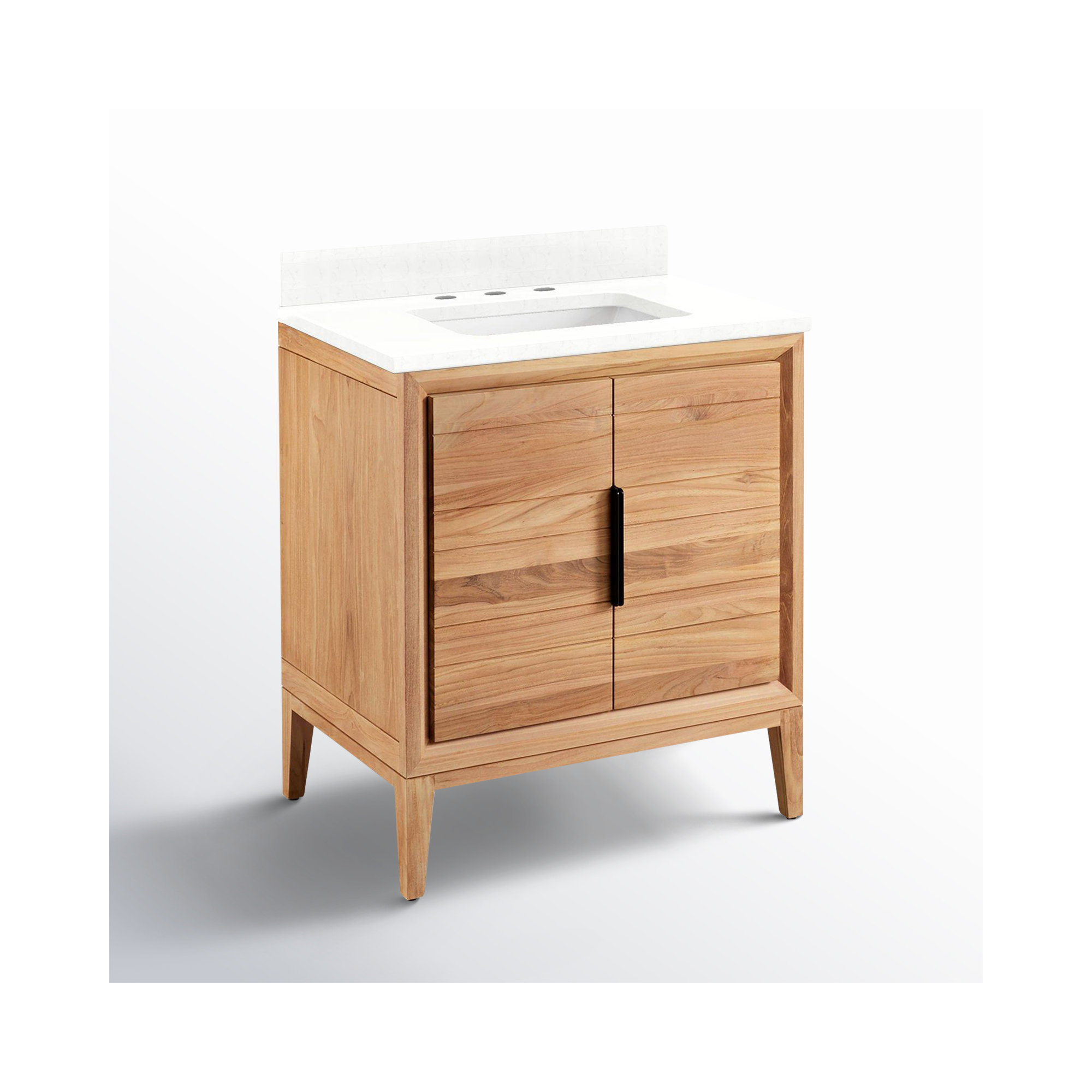 30" Aliso Single Bathroom Vanity Set with Rectangular Undermount Sink, Natural Teak, 8" Widespread, Feathered White Quartz