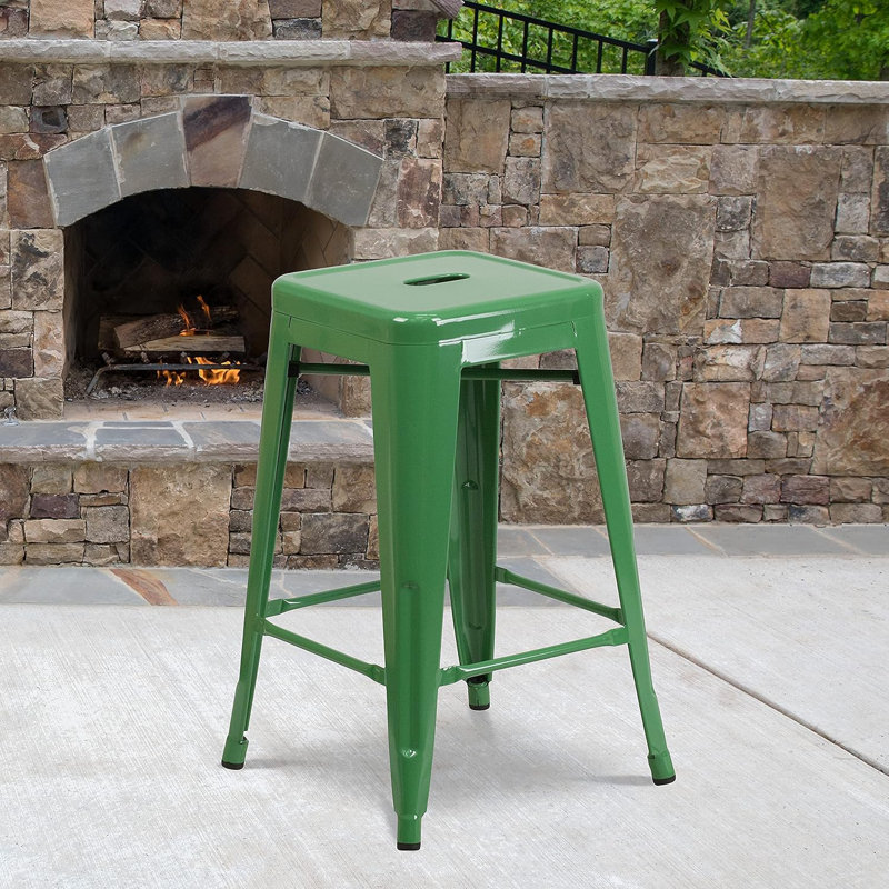 Commercial Grade Metal Counter Height Stool Set Of 4, Backless Indoor/Outdoor Stackable Barstools With Square Seats