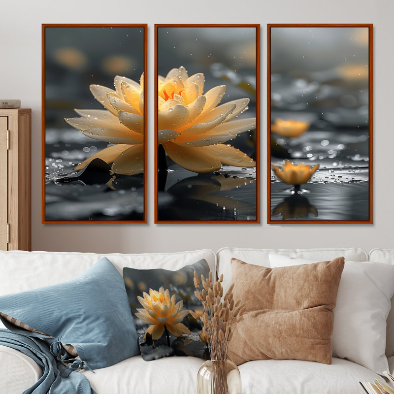 Étang de lotus tropical gris beige avec photo I - lotus, Toile avec cadre flottant brun, H 40 po x l 60 po x P 1 po