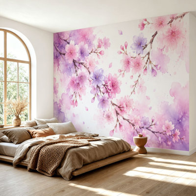 Papier peint adhésif peler et coller fleurs de cerisier japonais indémodables kimono yukata rose rouge mauve papier autocollant amovible pour décoration murale de salon H 100 po x l 144 po