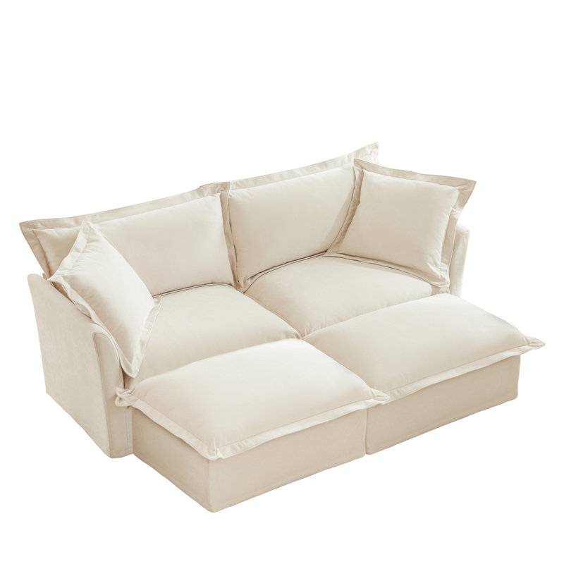 Lit 2 places avec repose-pieds pour le salon, housse en chenille crème, housses luxueuses et amovibles, entretien facile