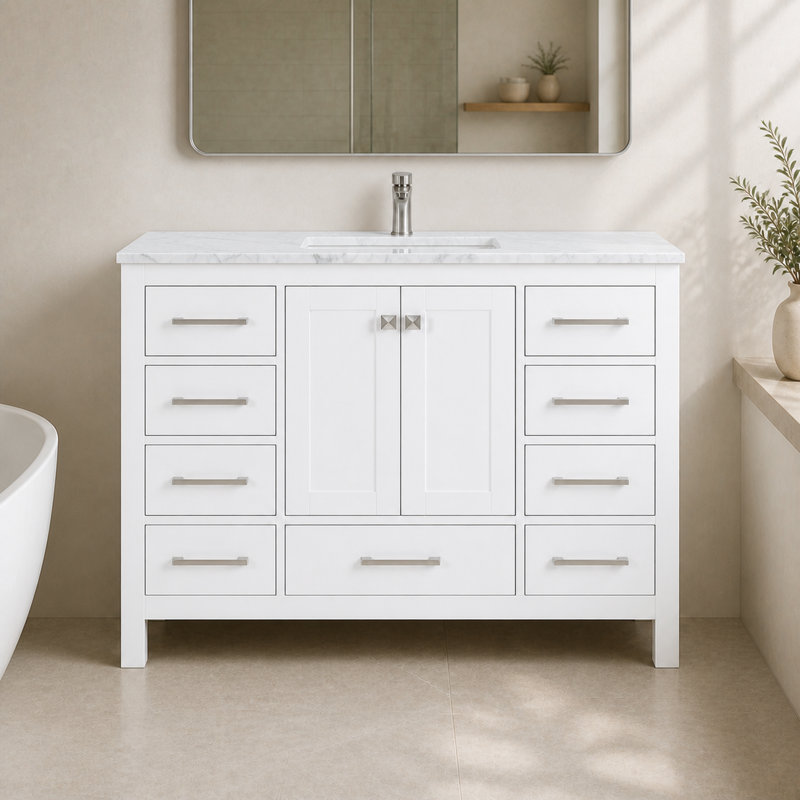 Ensemble de meuble-lavabo autoportant 48 po avec plateau Anvay, Blanc mat, Marbre blanc
