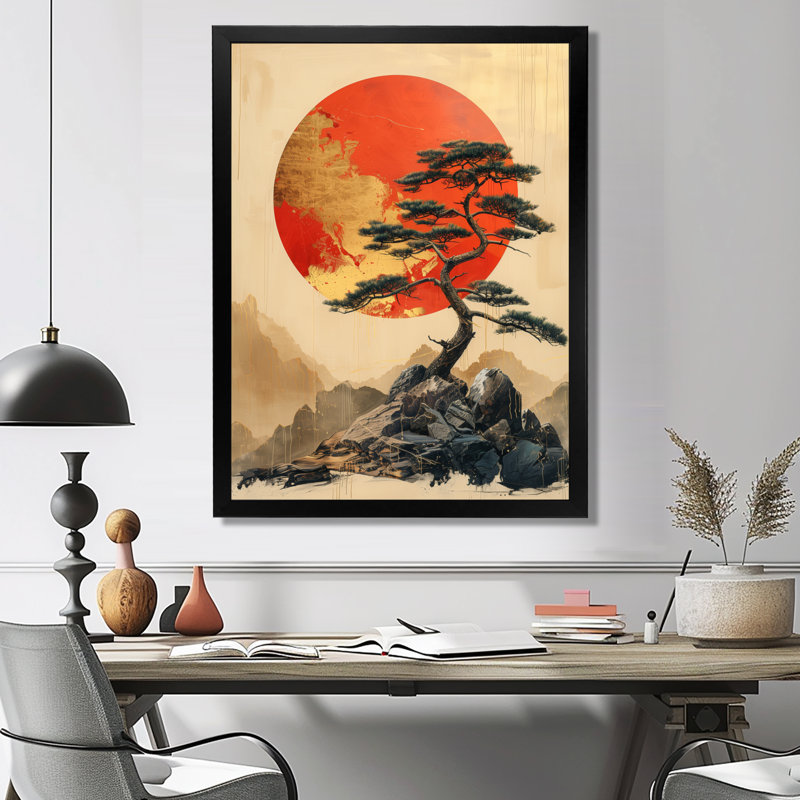 Décoration de coucher de soleil Bonsai doré orange - Japon I, Cadre photo blanc, H 16 po x l 32 po
