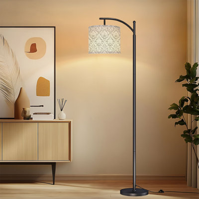 Arc Floor Lamp with Adjustable Lampshade Elegant White Floral Baroque Style Embossed Wall Standing Lamp 3 Color Temperatures Dimmable Tall Pole Lamp with Foot Switch for Bedroom