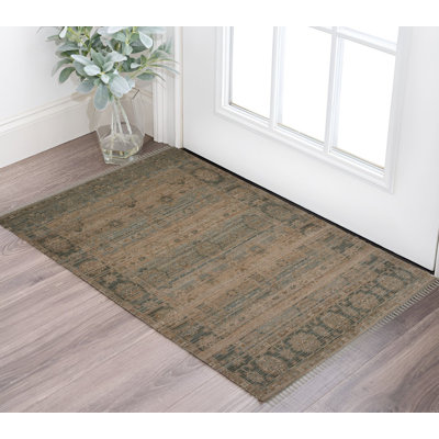 Tapis oriental brun et gris foncé tissé à la main 2 pi x 3 pi avec frange
