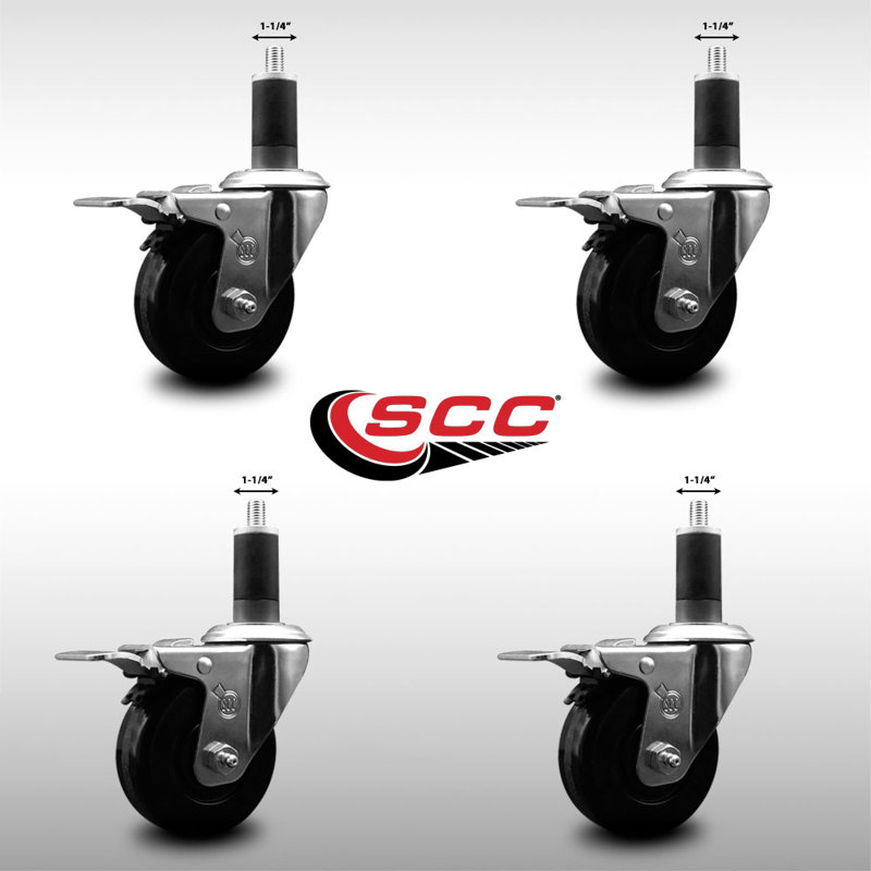 3.5 Inch SS Phenolic Swivel 1-1/4 Inch Expanding Stem Caster Set Total Lock Brake
