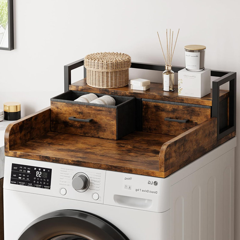 Comptoir de laveuse-sécheuse à 2 niveaux avec tablette et 2 tiroirs, garde-corps, range-linge pliant et rangement, Brun