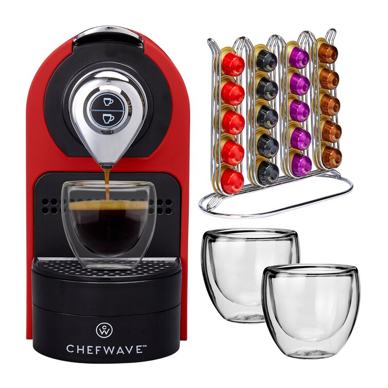 ChefWave Espresso Machine (Red) with Capsule Holder, Cups and Milk Frother