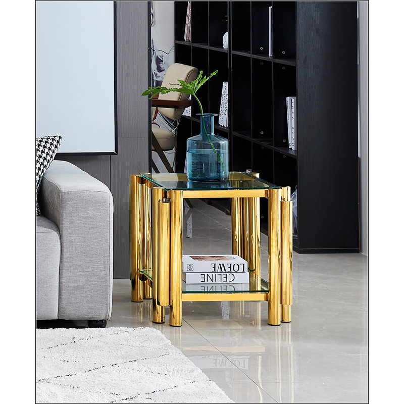Table de bout carrée 20 pouces, table de bout moderne en acier inoxydable, table basse en verre trempé transparent double couche, table d'appoint avec rangement, pour le bureau à domicile