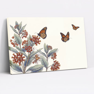 Tableau sur toile représentant des papillons monarques orange et des fleurs d'asclépiade