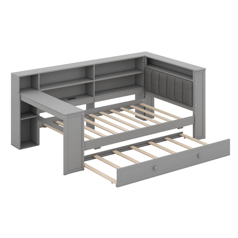 Lit de jour simple avec lit gigogne, tablettes de rangement et bureau, lit d'angle en bois avec tête de lit tapissier à DEL et station de charge