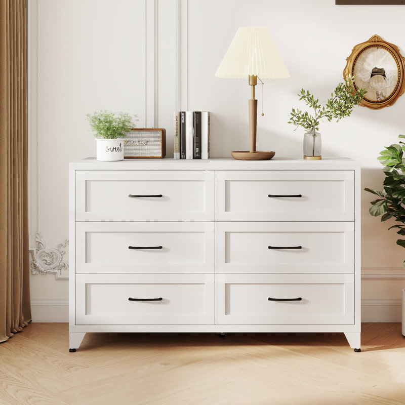 6 Drawer Dresser for Bedroom, 30 Inch Low Profile Dresser with Storage Drawers, White Metal Chest for Closet, Hallway, Entryway, Steel Bedroom Furniture with Quiet-Glide Rails