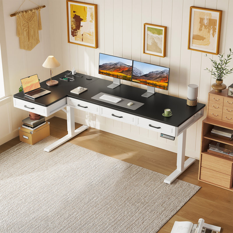 L-Shaped Standing Desk With Integrated Charging Station, Height Adjustable Desk With Four Wooden Drawers, Standing Desk With Memory Controller