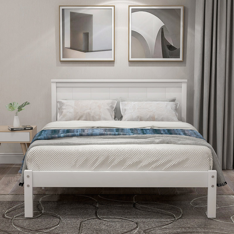 Base de lit plateforme avec tête de lit, support à lattes de bois, aucun sommier requis, Lit simple, Blanc